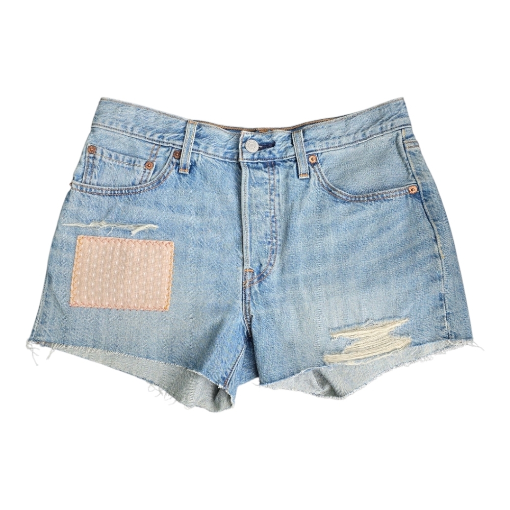 Levis Patchwork Blue Denim Destressed Women's Sho… - image 1